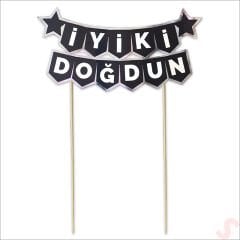 İyi Ki Doğdun Banner Pasta SüSü, Siyah Gümüş - 22cm x 18cm