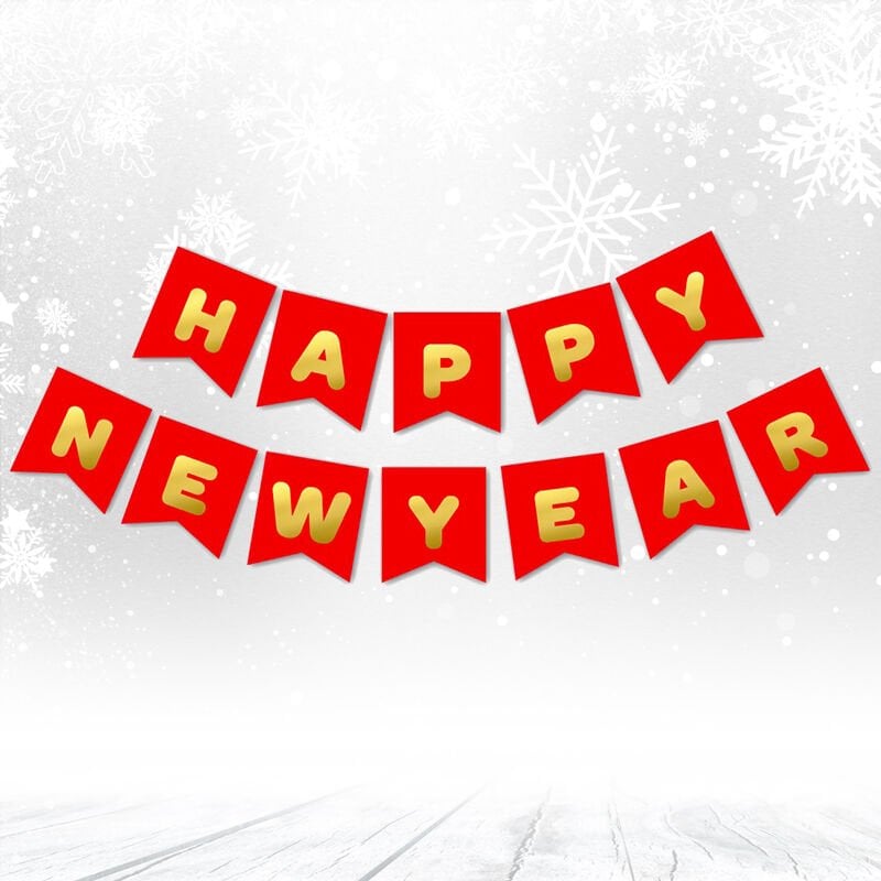 Happy New Year Banner, Altın Baskılı Kırmızı - 2.00 mt