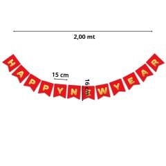 Happy New Year Banner, Altın Baskılı Kırmızı - 2.00 mt