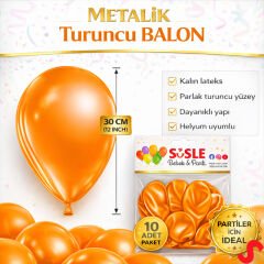 Metalik Parlak Balon, 30 cm x 10 Adet - Turuncu