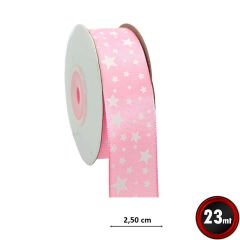 Saten Kurdele, Yıldız Baskılı, 2,50 cm x 23 mt - PEMBE