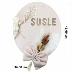 Kuru Çiçek Tanzimli, Ayıcıklı, İsimli Oval Kapı Süsü, Pudra Renk