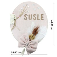 Kuru Çiçek Tanzimli, Ayıcıklı, İsimli Oval Kapı Süsü, Pudra Renk