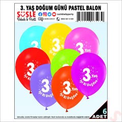 3.Yaş Doğum Günü Pastel Balon, 30cm x 6 Adet