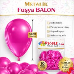 Metalik Parlak Balon, 30 cm x 10 Adet - Fuşya
