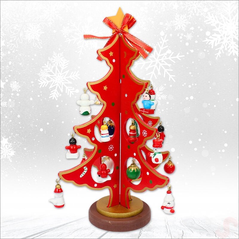 20 Parça SüSLü Ahşap 27cm Mini Yılbaşı Ağaç Seti - Kırmızı