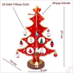 20 Parça SüSLü Ahşap 27cm Mini Yılbaşı Ağaç Seti - Kırmızı