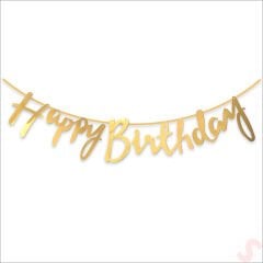 Happy Birthday Parlak Karton Kaligrafi Banner, 2 mt - Altın