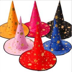 Yıldız Desenli Hallloween Cadı Şapkası, 38cm - Lacivert