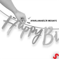 Happy Birthday Parlak Karton Kaligrafi Banner, 2 mt - Gümüş