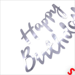 Happy Birthday Parlak Karton Kaligrafi Banner, 2 mt - Gümüş
