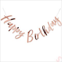 Happy Birthday Parlak Karton Kaligrafi Banner, 2 mt - Rose Gold