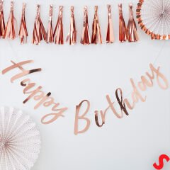 Happy Birthday Parlak Karton Kaligrafi Banner, 2 mt - Rose Gold