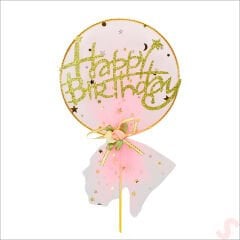 Happy Birthday Tüllü Metal Pasta SüSü, 21cm x 11cm - Pembe