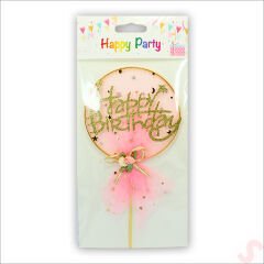 Happy Birthday Tüllü Metal Pasta SüSü, 21cm x 11cm - Pembe