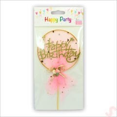 Happy Birthday Tüllü Metal Pasta SüSü, 21cm x 11cm - Pembe