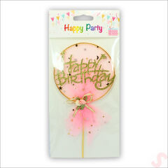 Happy Birthday Tüllü Metal Pasta SüSü, 21cm x 11cm - Pembe