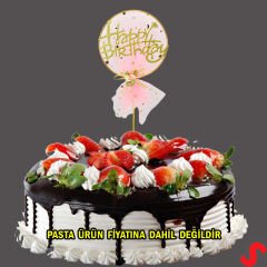Happy Birthday Tüllü Metal Pasta SüSü, 21cm x 11cm - Pembe