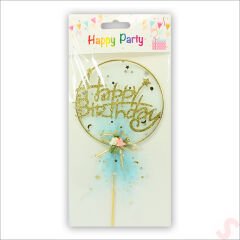 Happy Birthday Tüllü Metal Pasta SüSü, 21cm x 11cm - Mavi