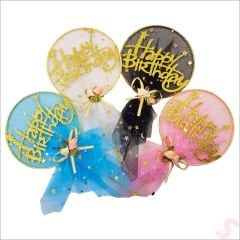 Happy Birthday Tüllü Metal Pasta SüSü, 21cm x 11cm - Mavi