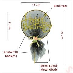 Happy Birthday Tüllü Metal Pasta SüSü, 21cm x 11cm - Siyah