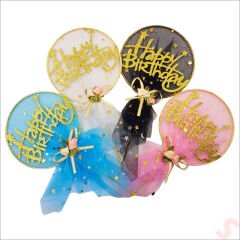 Happy Birthday Tüllü Metal Pasta SüSü, 21cm x 11cm - Siyah