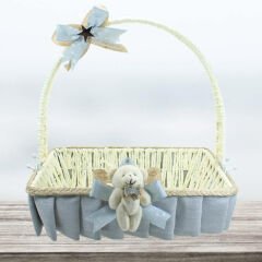 Saplı Dikdörtgen Kumaş Süslü Sepet, 30 cm, Orta Boy, Gri