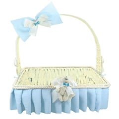 Saplı Dikdörtgen Kumaş Süslü Sepet, 30 cm, Orta Boy Mavi