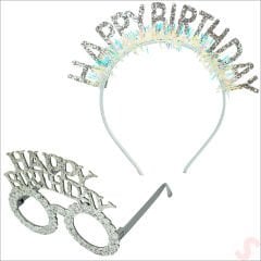 Happy Birthday Taç ve Gözlük Seti - Gümüş