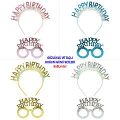 Happy Birthday Taç ve Gözlük Seti - Gümüş