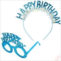 Happy Birthday Taç ve Gözlük Seti - Mavi