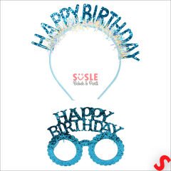 Happy Birthday Taç ve Gözlük Seti - Mavi