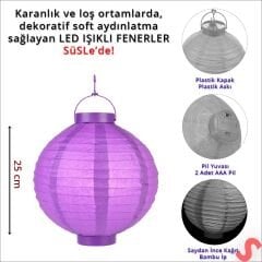 Led Işıklı Pilli Kağıt Top Fener, 25 cm - Mor