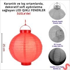 Led Işıklı Pilli Kağıt Top Fener, 25 cm - Kırmızı