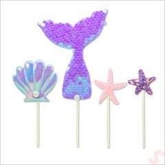 Deniz Kızı Pul Payetli Pasta SüSü, 4'lü SET - Mor