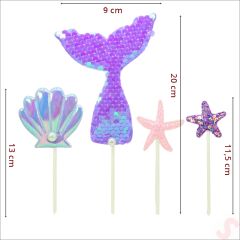 Deniz Kızı Pul Payetli Pasta SüSü, 4'lü SET - Mor