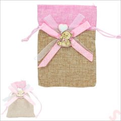 Bebek Temalı Jüt Kese 10cm x 13cm - Pembe x 12 Adet