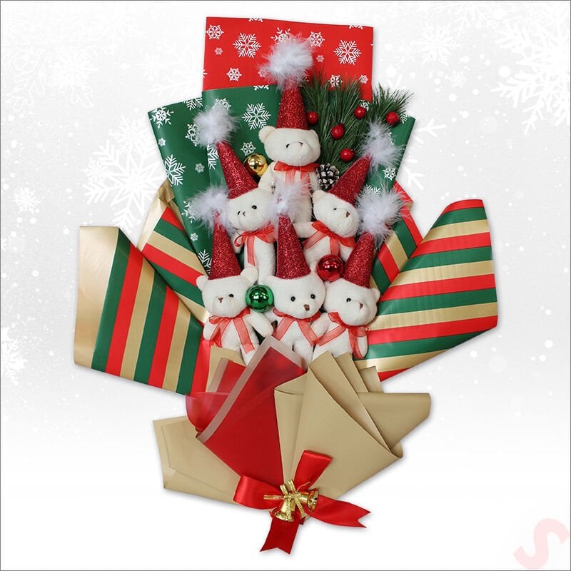 6 Pelüş Ayıcıklı ve Led Işıklı Yılbaşı Buketi, 57cm x 45cm