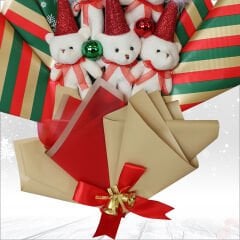 6 Pelüş Ayıcıklı ve Led Işıklı Yılbaşı Buketi, 57cm x 45cm