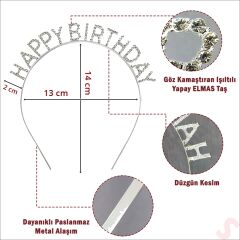Kristal Taşlı, A Kalite Metal Happy Birthday Taç - Gümüş