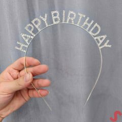 Kristal Taşlı, A Kalite Metal Happy Birthday Taç - Gümüş