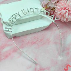 Kristal Taşlı, A Kalite Metal Happy Birthday Taç - Gümüş