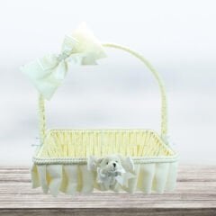 Saplı Dikdörtgen Kumaş Süslü Sepet, 35 cm, Büyük Boy Krem