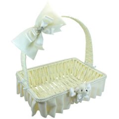 Saplı Dikdörtgen Kumaş Süslü Sepet, 35 cm, Büyük Boy Krem