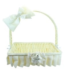 Saplı Dikdörtgen Kumaş Süslü Sepet, 35 cm, Büyük Boy Krem