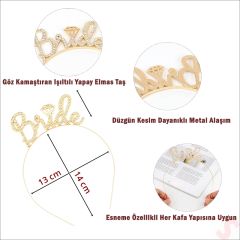 Kristal Parlak Taşlı, Metal Bride Taç - Altın