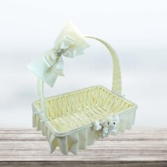 Saplı Dikdörtgen Kumaş Süslü Sepet, 30 cm, Orta Boy Krem