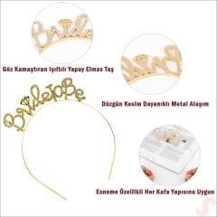 Kristal Parlak Taşlı, Metal Bride To Be Taç - Altın