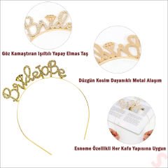 Kristal Parlak Taşlı, Metal Bride To Be Taç - Altın