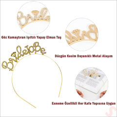 Kristal Parlak Taşlı, Metal Bride To Be Taç - Altın